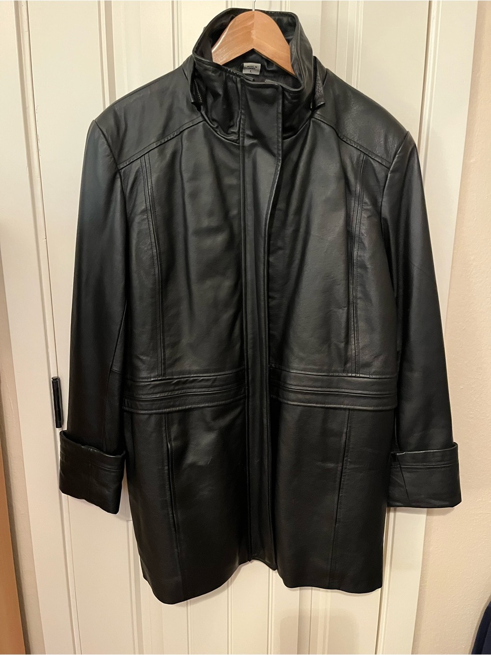 Never Worn Black Leather Mid-Length Jacket with Detachable Hood/Adjustable Waist